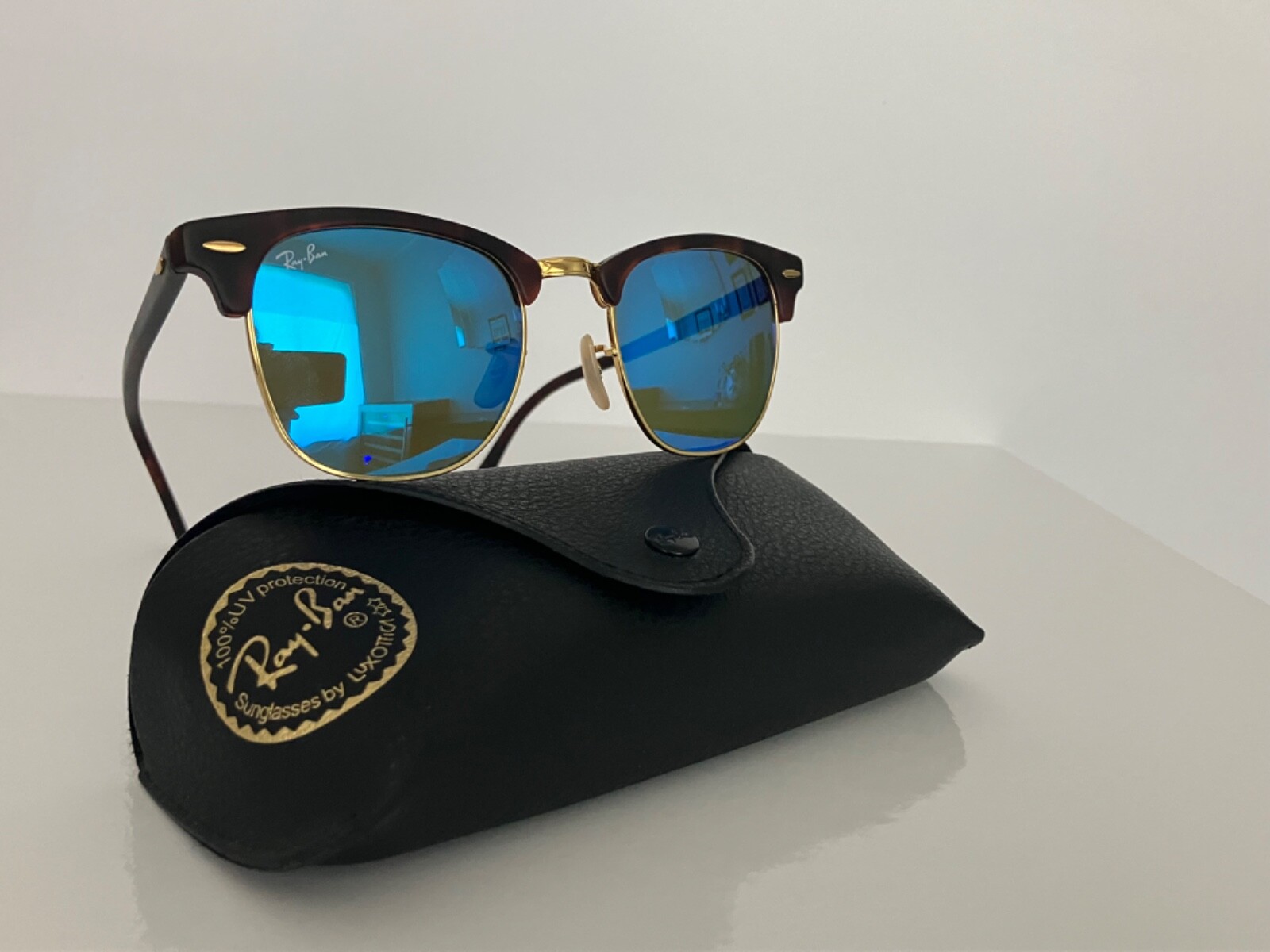 Rayban Clubmaster, Matte Havana on Gold frames/Mirrored Blue Flash