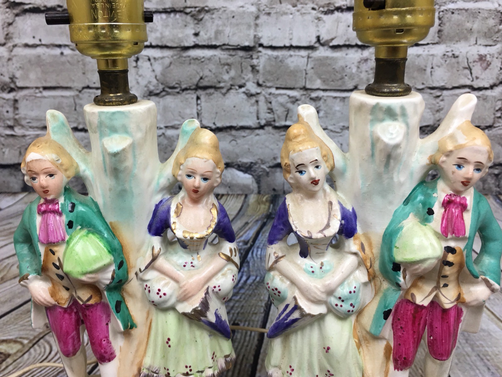 Two (2) French Provincial Victorian Couple Porcelain Lamp Made in Japan