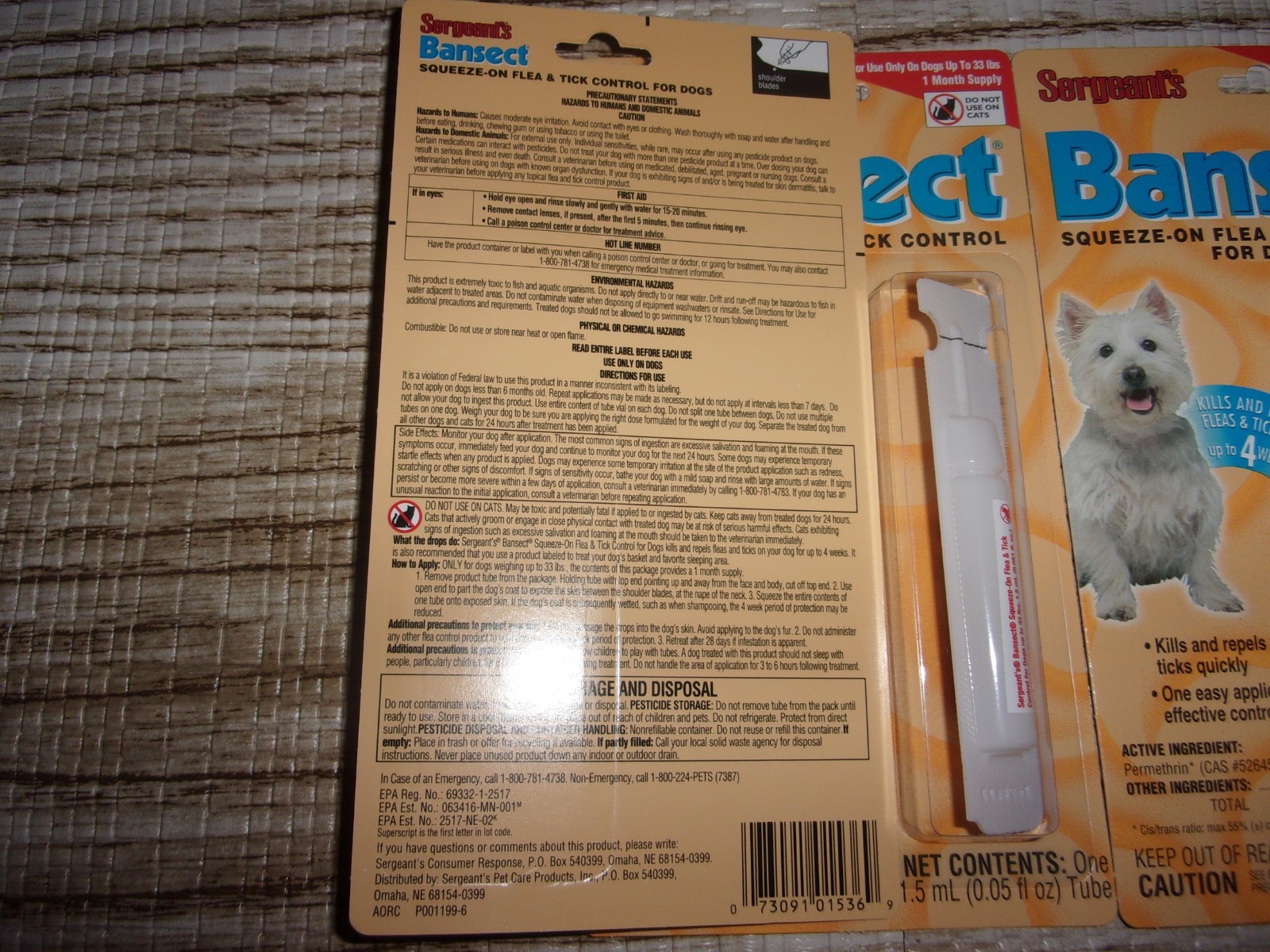 SERGEANT'S BANSECT Squeeze-on FLEA & TICK CONTROL Dogs UNDER 33 lbs (LOT OF 3)