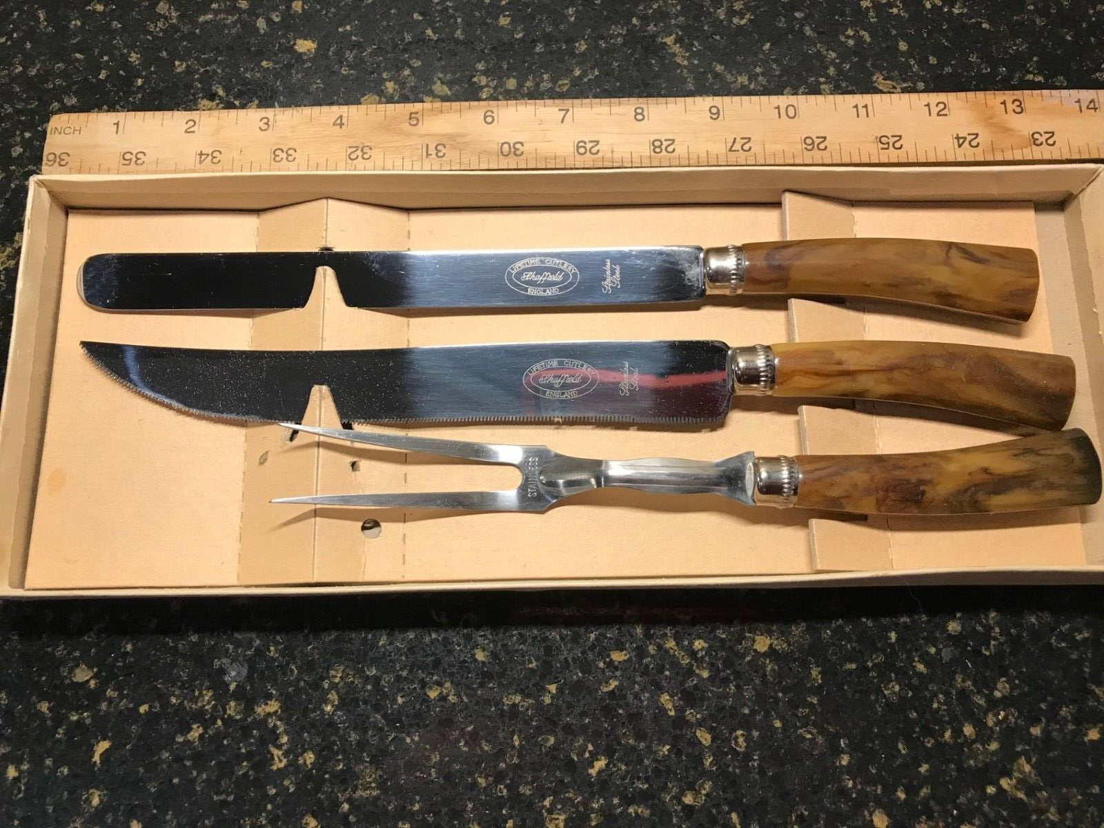 Sheffield England Bakelite Handle 3 PIECE CARVING SET, 2 Knives, Fork, Box EC!