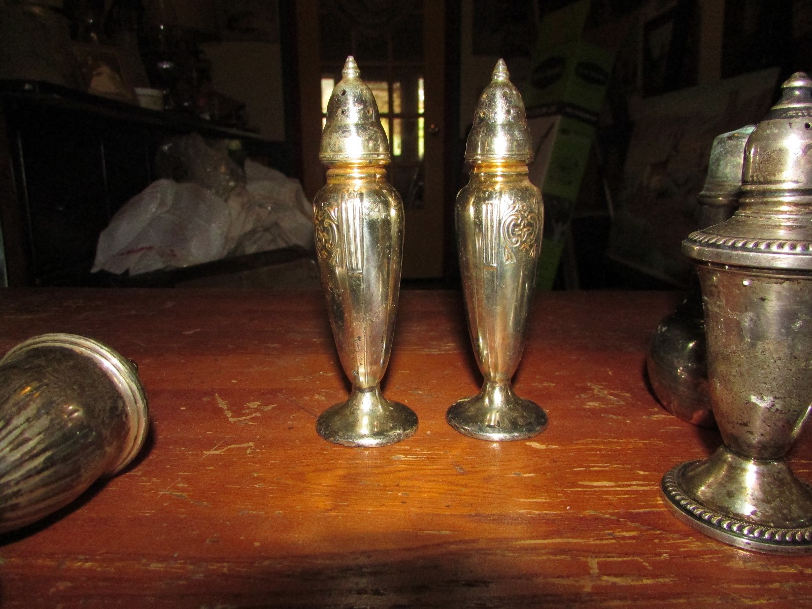 FIVE PAIR OF SALT AND PEPPER SHAKERS TWO STERLING