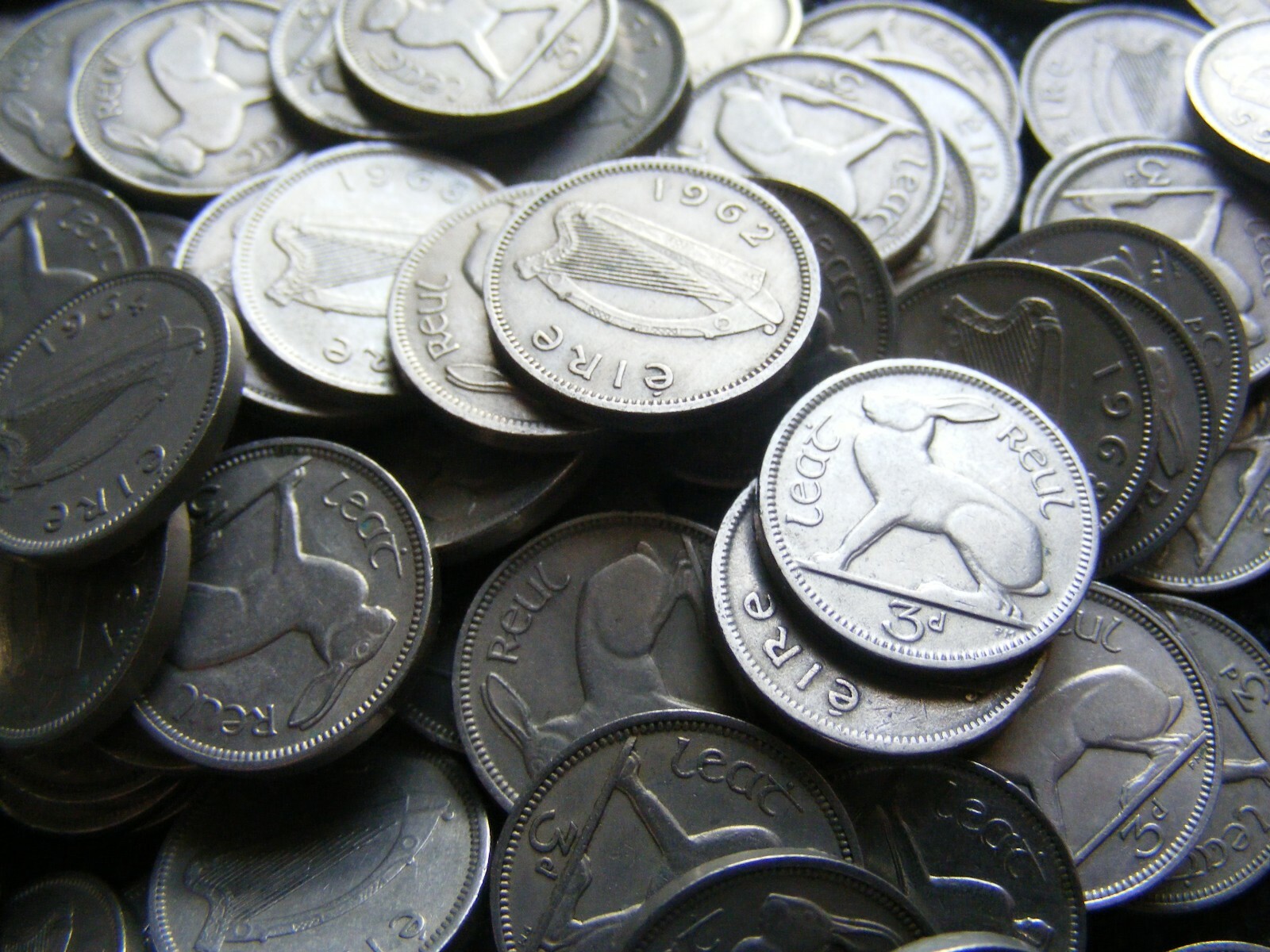 1960's Irish Three Pence Coins Lot Of Four Old Ireland Harp Rabbit Vintage 3d