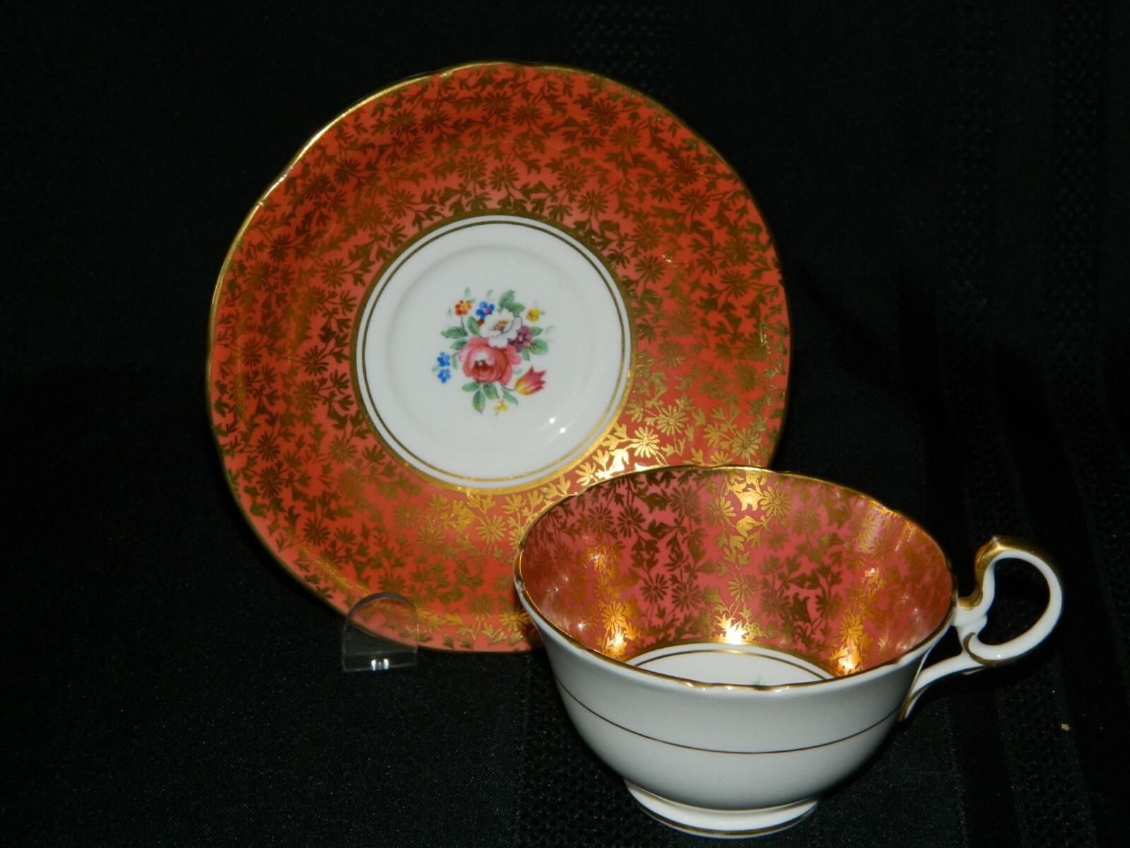 Vintage Aynsley Salmon Pink Chintz & Floral Wide Rimmed Tea Cup & Saucer England