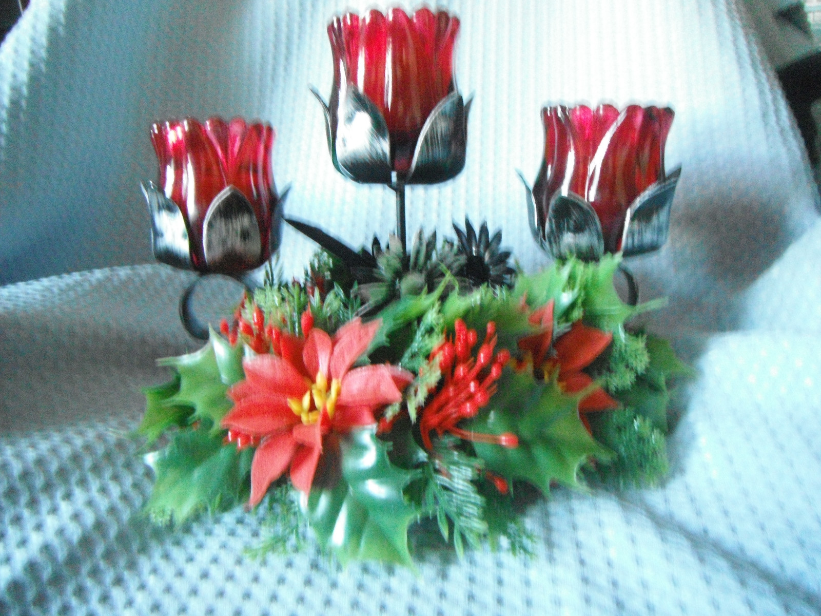 Vintage Christmas 3 Votive Cup Candle Holder Poinsettia Centerpiece