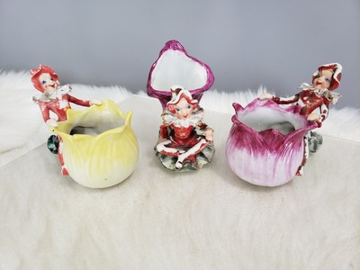 RARE 3 VINTAGE PIXIE ELF VASE PLANTER FIGURINES OCCUPIED JAPAN KITSCHY MCM PINK