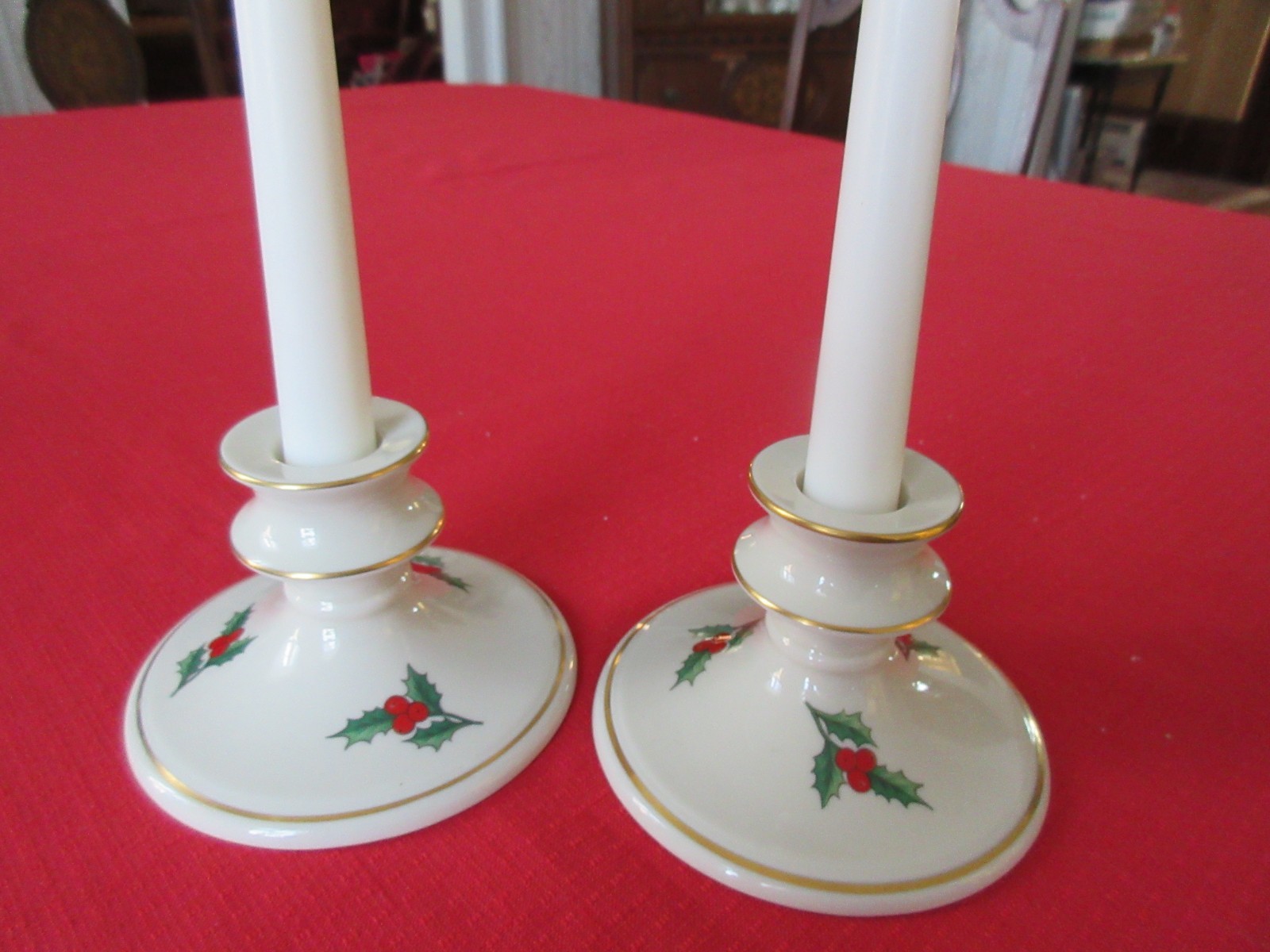 PICKARD HAND DECORATED HOLIDAY CANDLE HOLDERS USA FINEST CHINA HOLLY SPRIGS
