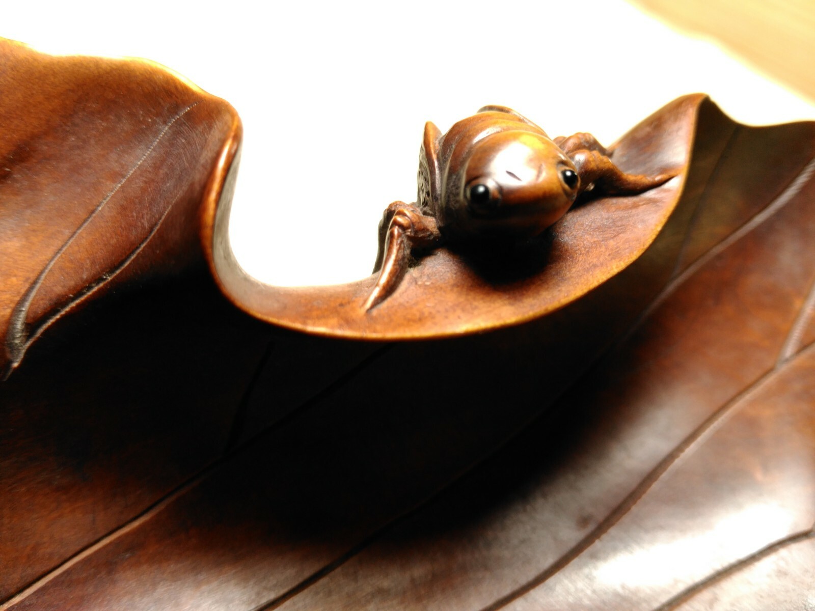 Chinese SIGNED Boxwood Carving Lotus Leaf with Cicadas Tea Scoop. RARE detail.