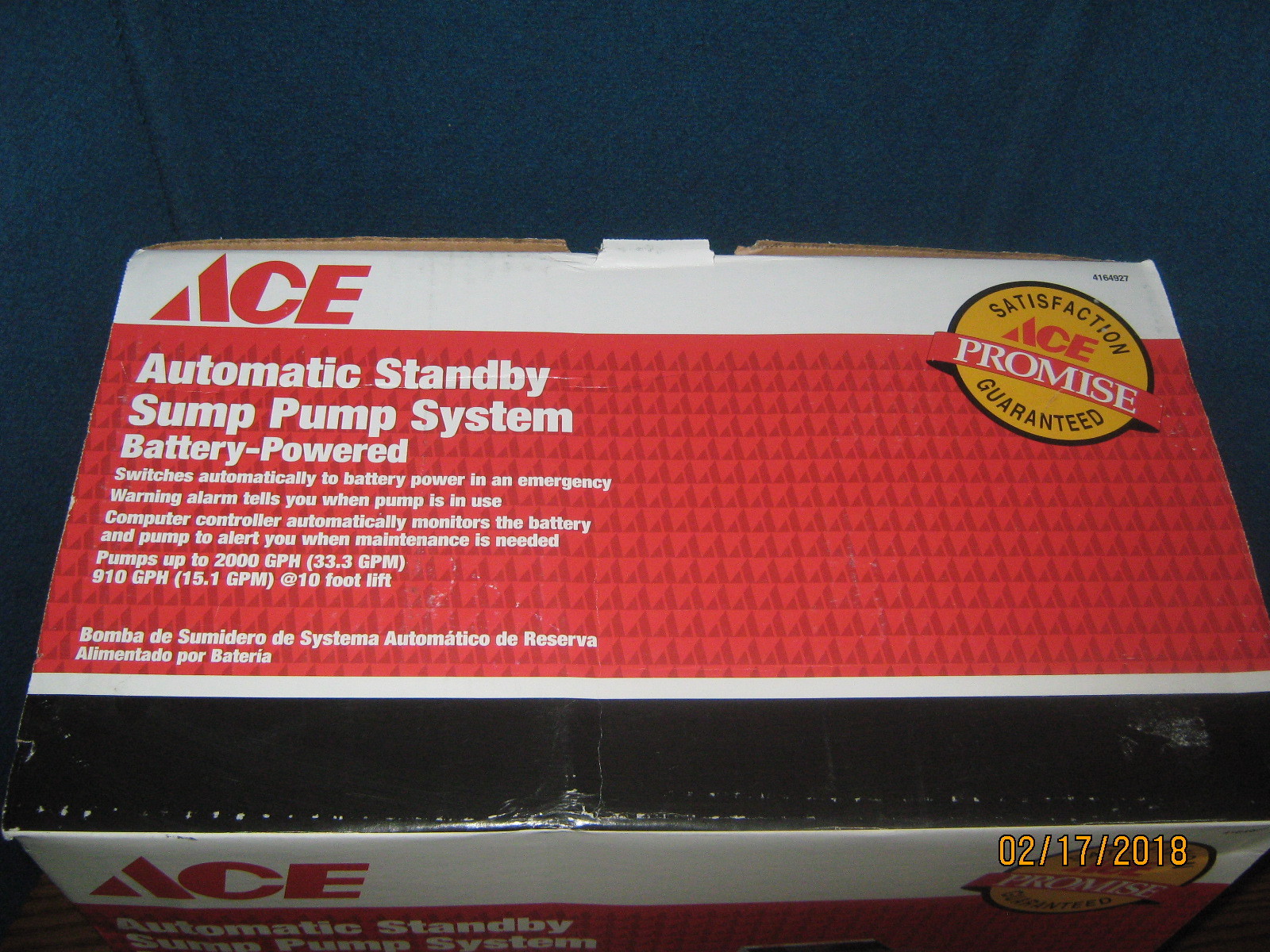 NEW ACE Automatic Standby Sump Pump System Battery Powered 2000 GPH 4164927