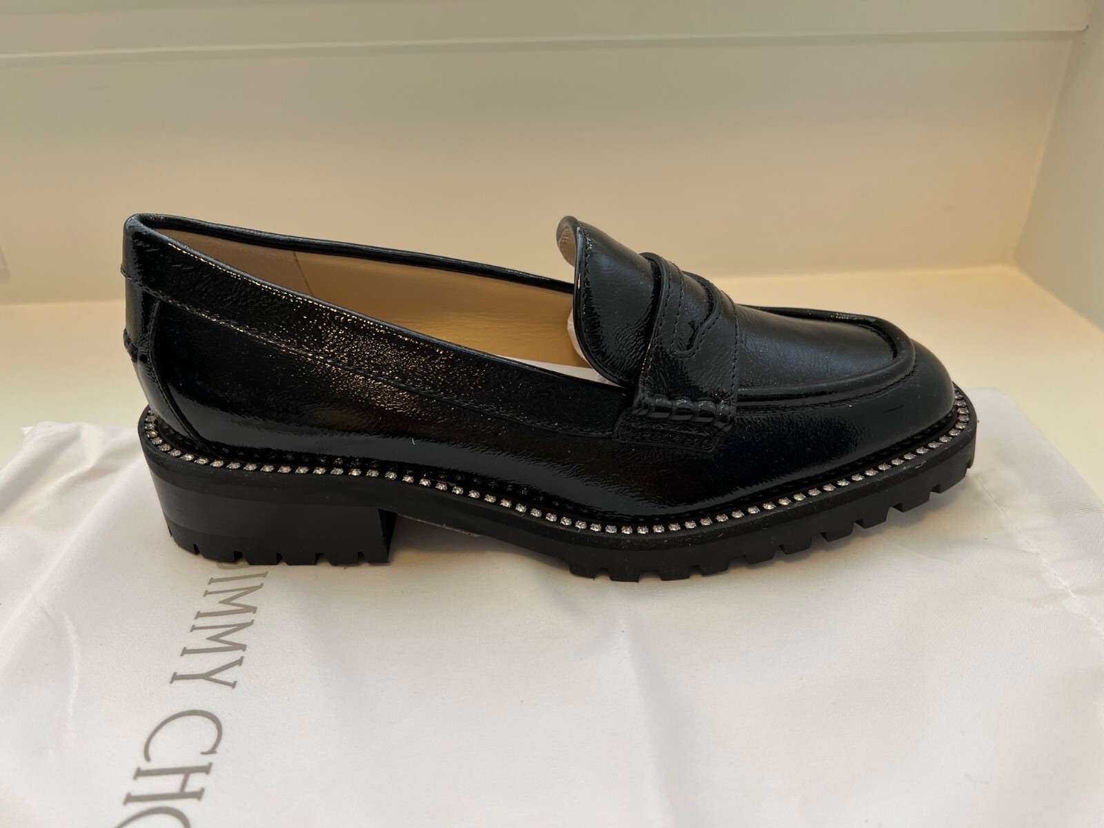 Pre-owned Jimmy Choo Deanna Crystal-embellished Patent Leather Loafers, Size 37 In Black