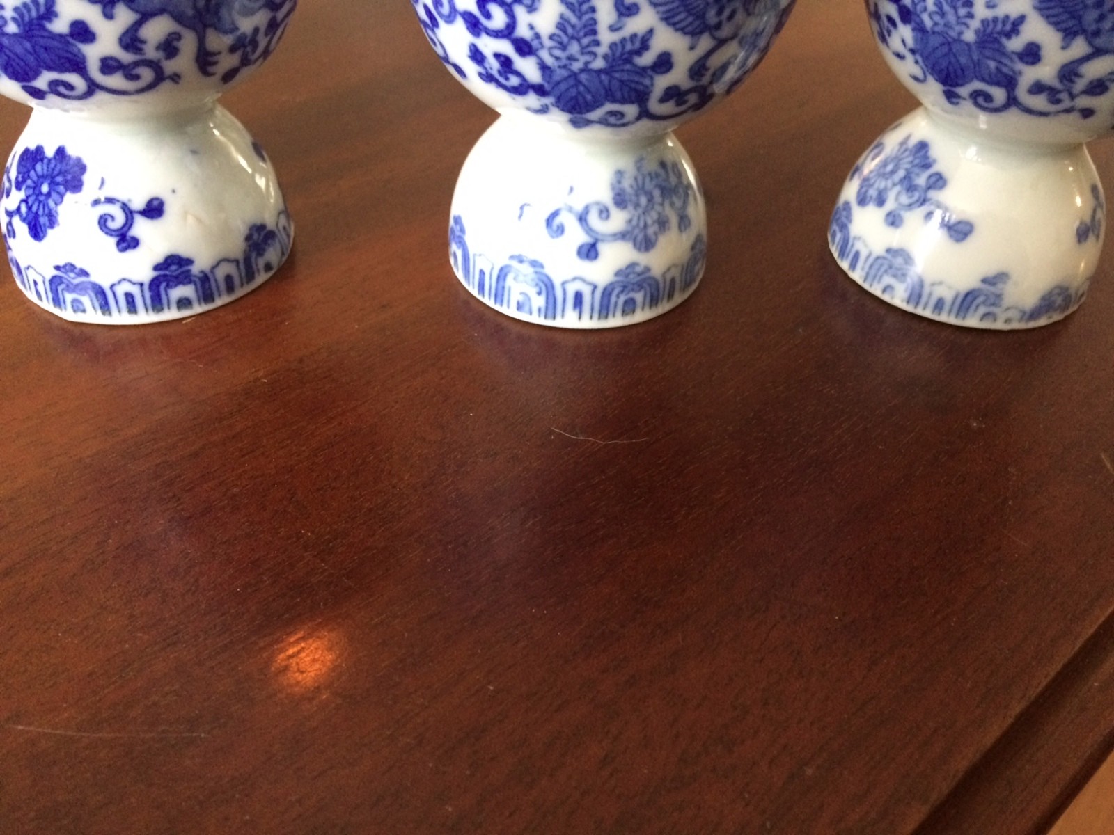 ANTIQUE BLUE & WHITE TRANSFERWARE EGG CUPS 3 