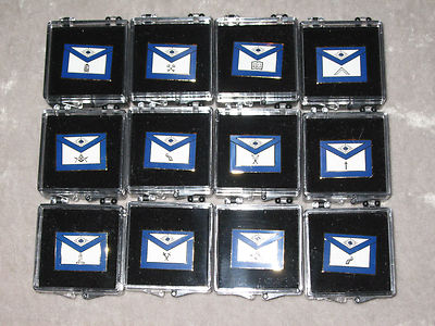 Set of 12 Masonic Officers Apron Tac Pins Case Fraternity Freemason NEW!