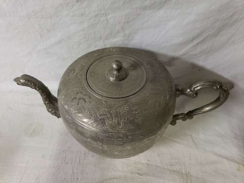 Antique Chinese Engraved Kut Hing Swatow Pewter Teapot. 2nd ½  19th c.  9 ½”