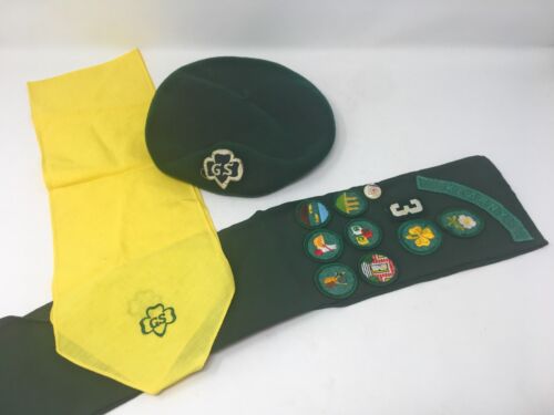 Vintage Girl Scouts Beret Hat, Sash with Patches & Scarf Kearny NJ 