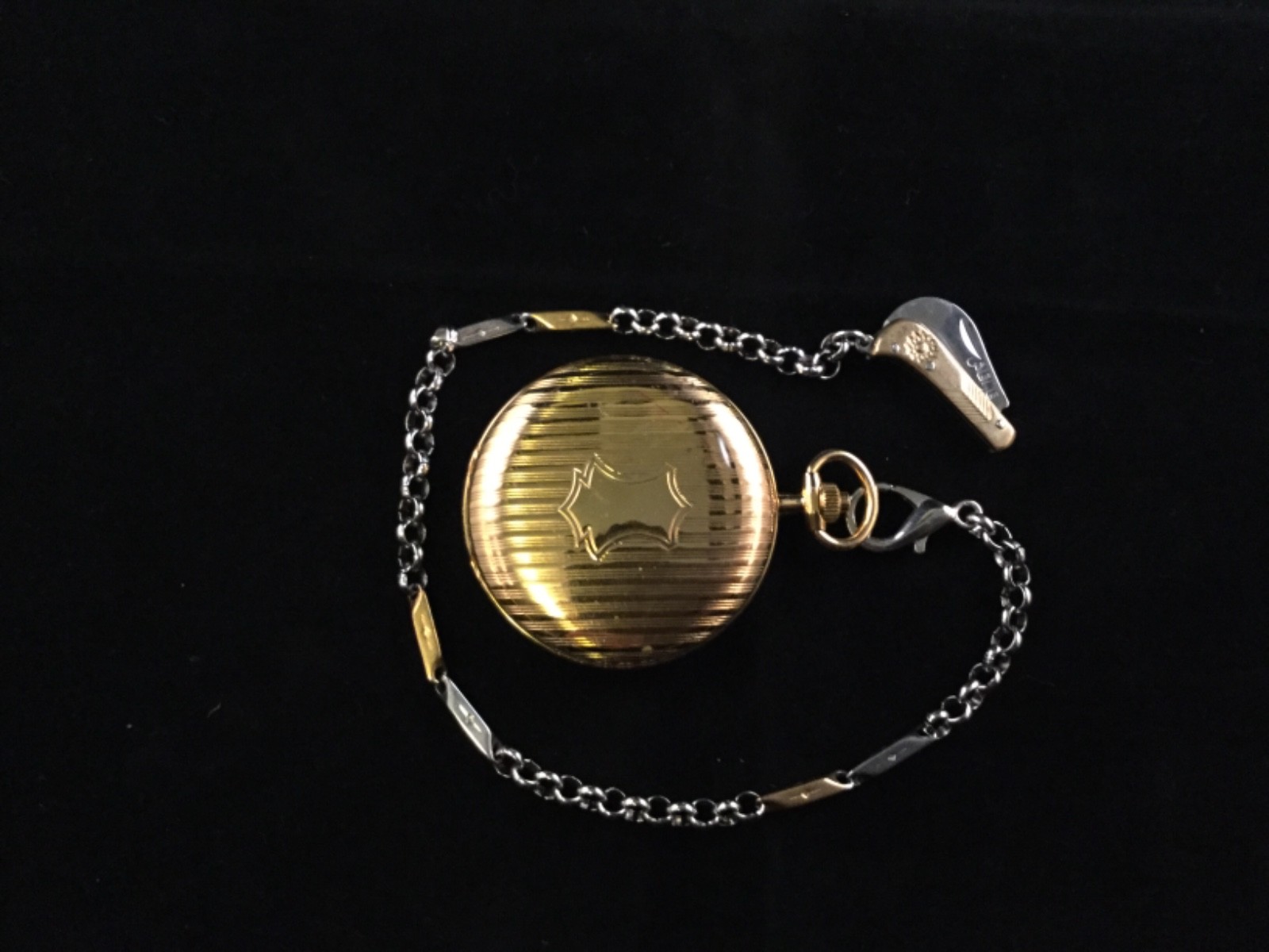 Working Gold Tone Pocket Watch With Two Tone Chain and knife fob