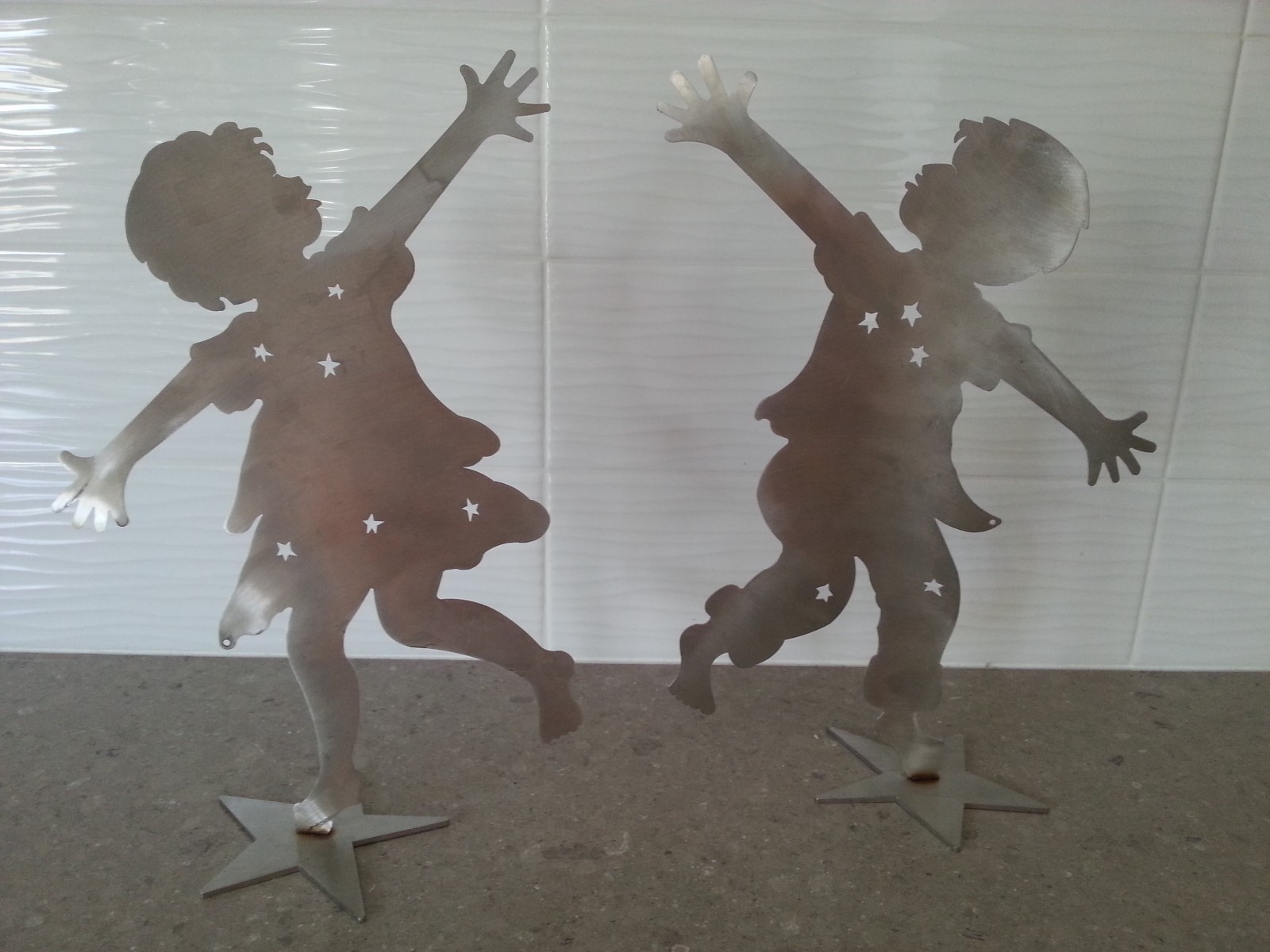 Stainless Steel Laser Cut Sculpture Dancing Children Playful Boy Girl Figurine