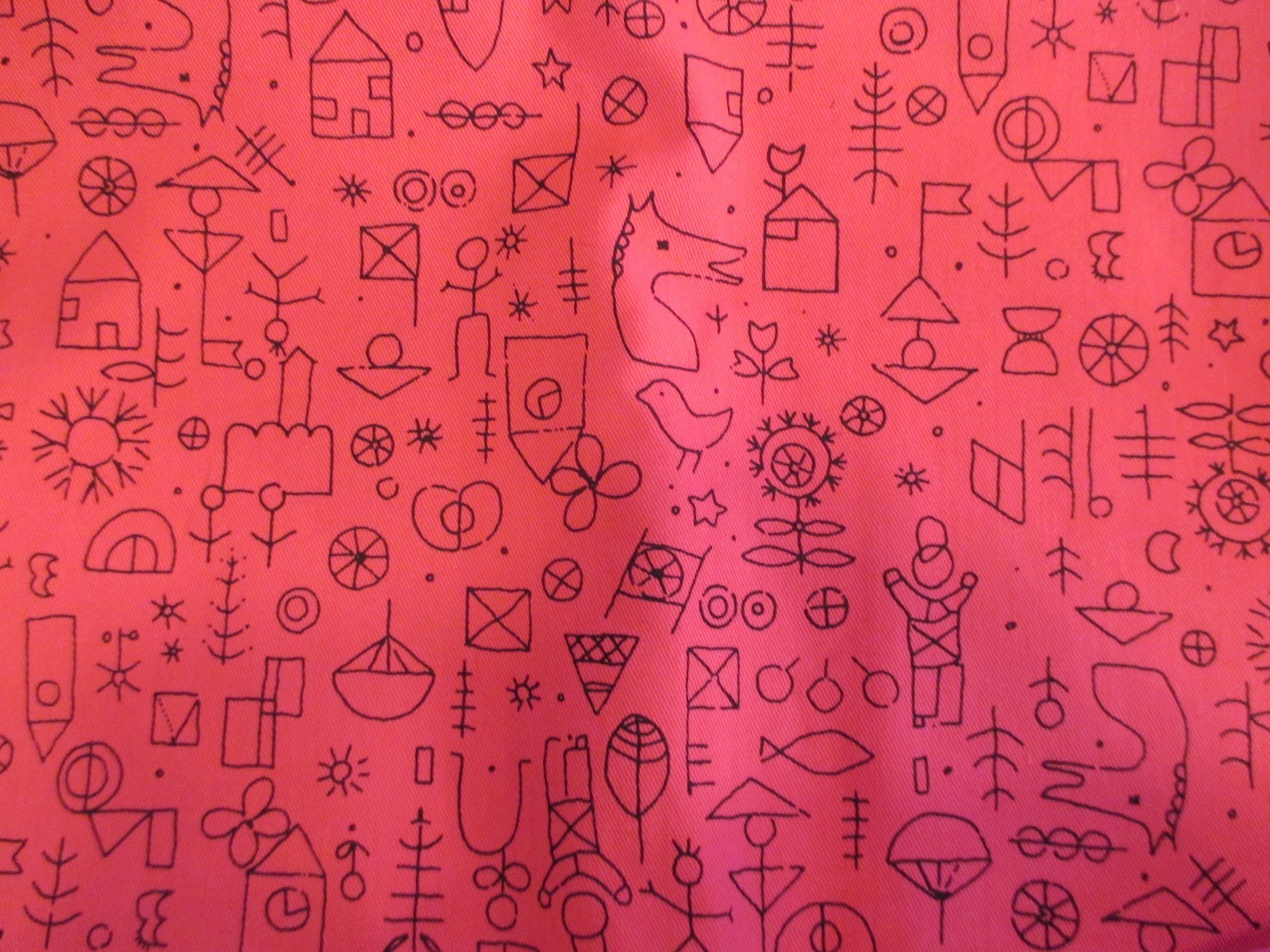 ADORABLE VINTAGE 1980's HOT PINK BLACK STICK FIGURE COTTON FABRIC 44