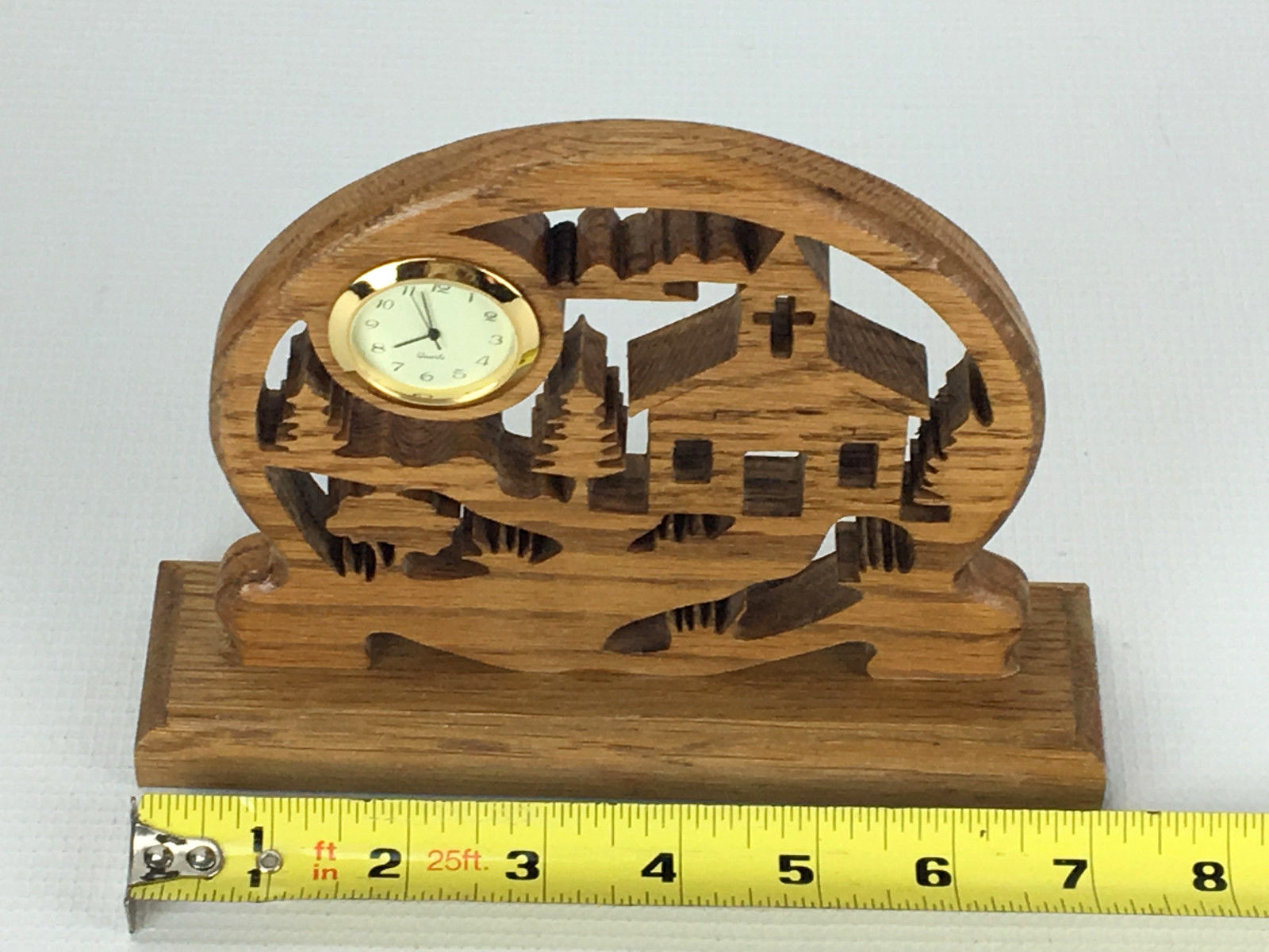 Laser Cut Wood Mantle Shelf Clock - Church Scene - Battery Operated