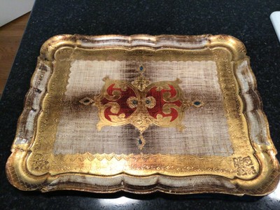 Italy Cream Orange and Gold Florentine RingJewelry tray Lovely Vintage Florentine ring tray made in Italy Vintage ORNATE Round ring dish