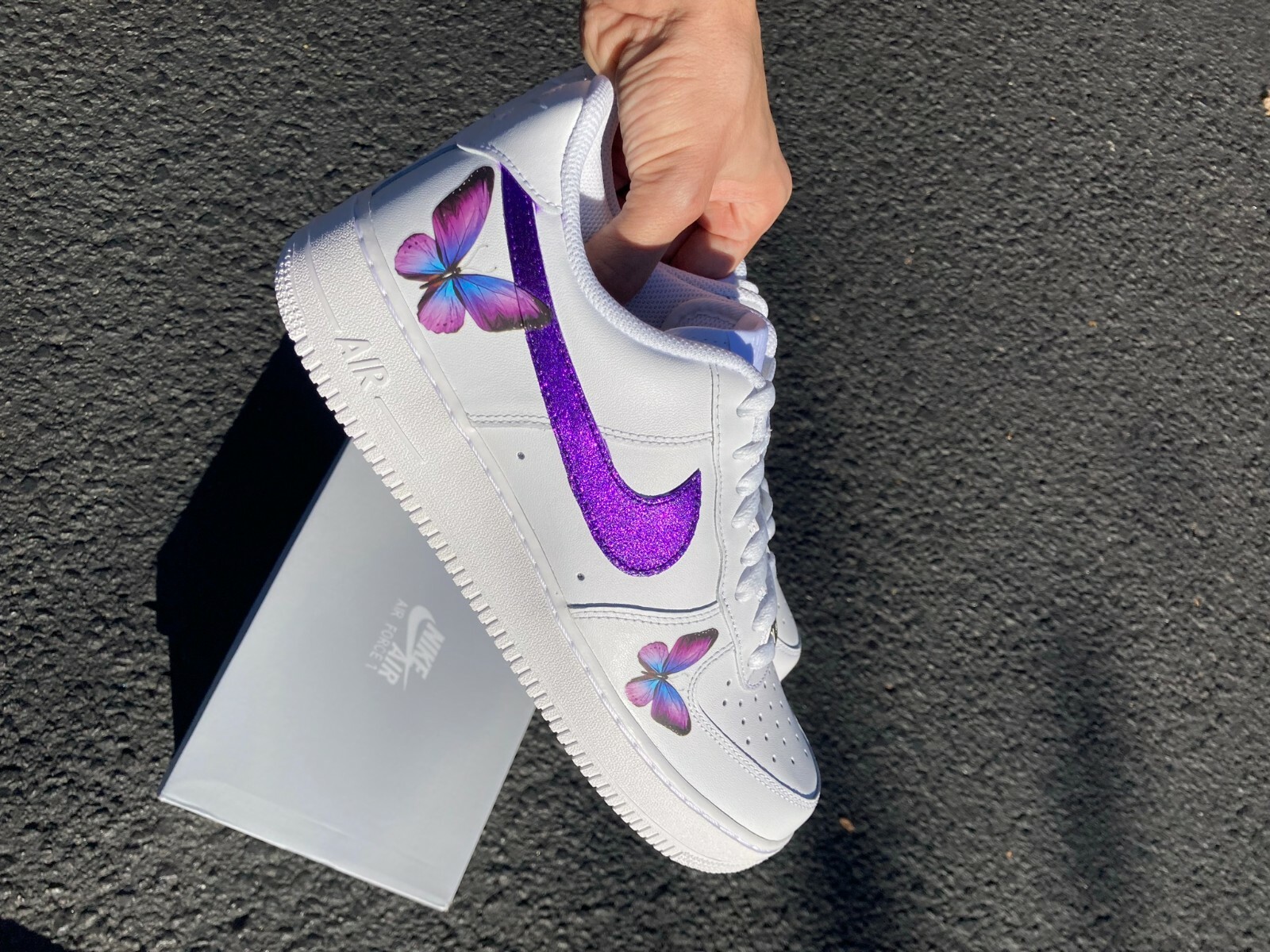 Pre-owned Nike Air Force 1 Purple Glitter Butterfly Low White Custom Shoes All Sizes