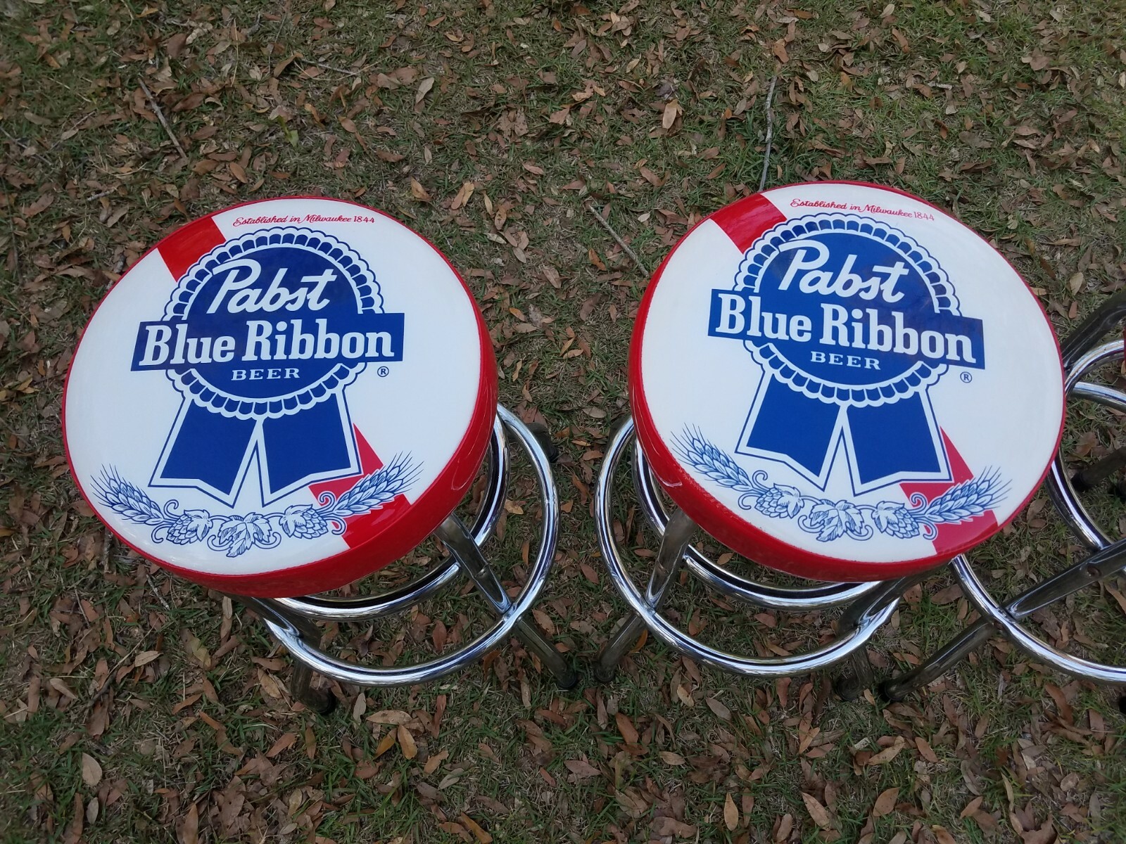 4 Vintage Pabst Blue Ribbon Beer Sign Bar Stools in Nice Shape. Greyhound Ship.