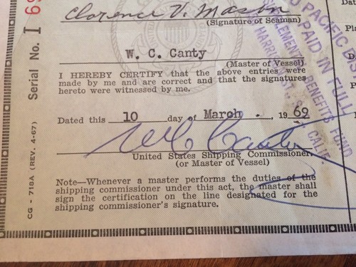 1969  U.S. Coast Guard Certificate of Discharge Merchant Seaman Steam Vessels