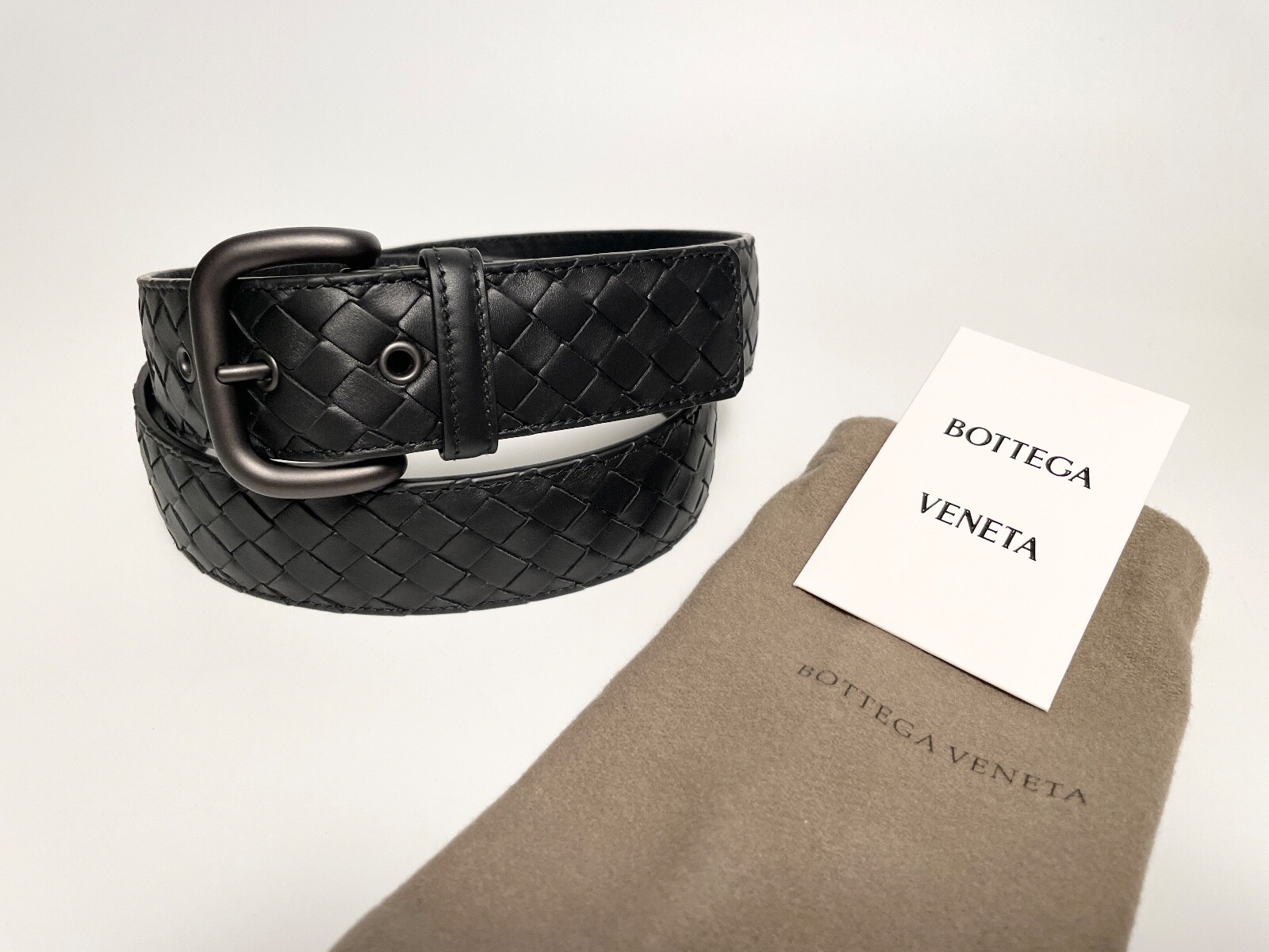Pre-owned Bottega Veneta Intrecciato Calf Leather Men's Black Belt 173784