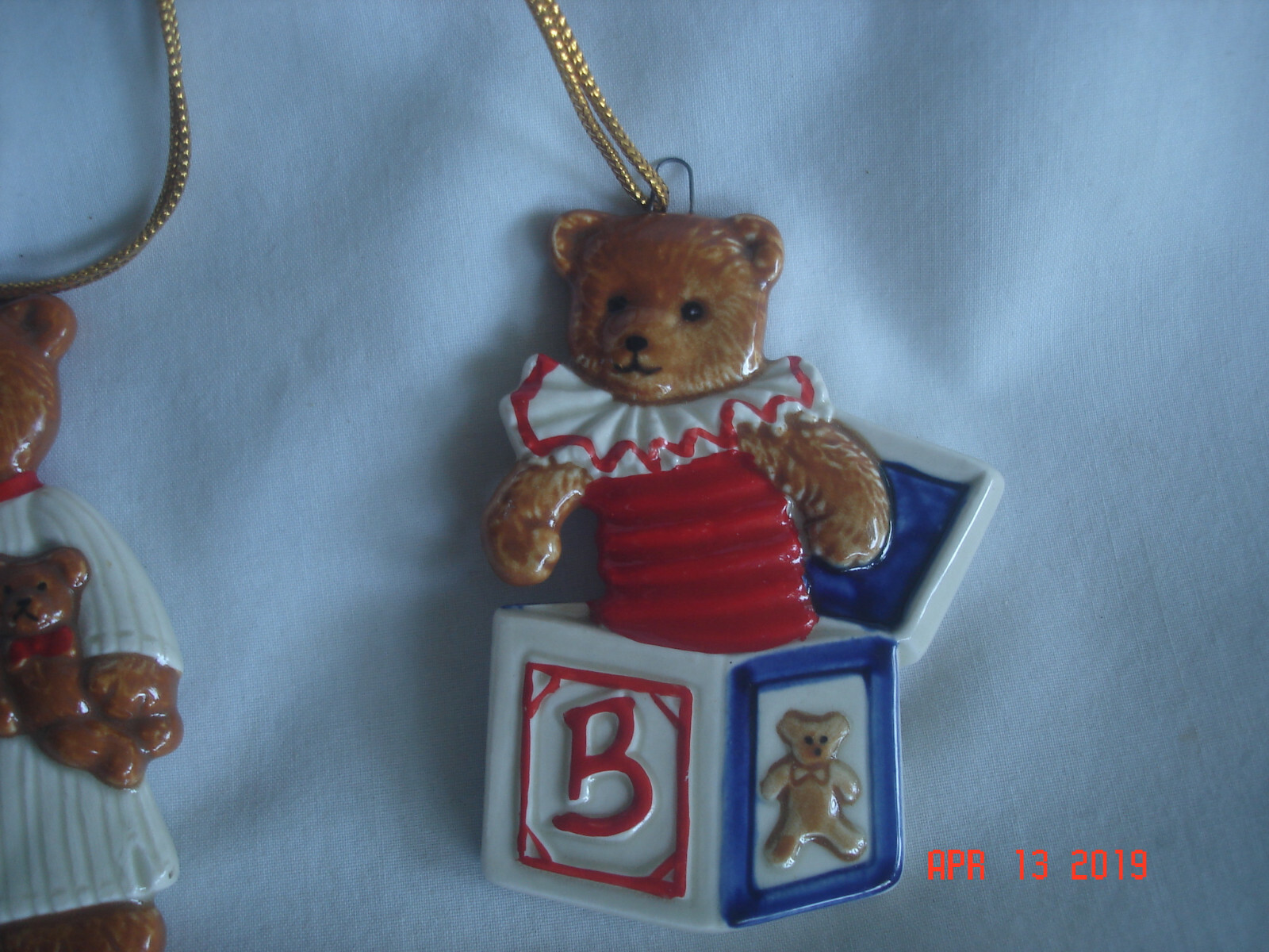 2 1983 GORDON FRASER SCHMID CERAMIC TEDDY BEAR CHRISTMAS ORNAMENTS Labels/Japan