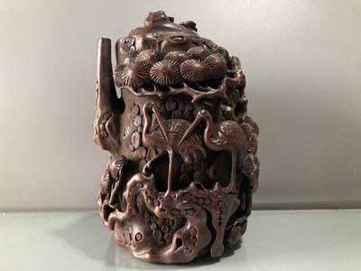 Collection Chinese Old Bamboo Root Hand-carved Pine Crane Teapot Statue 20316