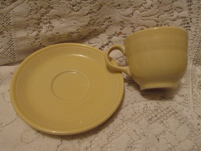 One Homer Laughlin Fiesta Ware Yellow O-Handled Coffee Cup and Saucer Set