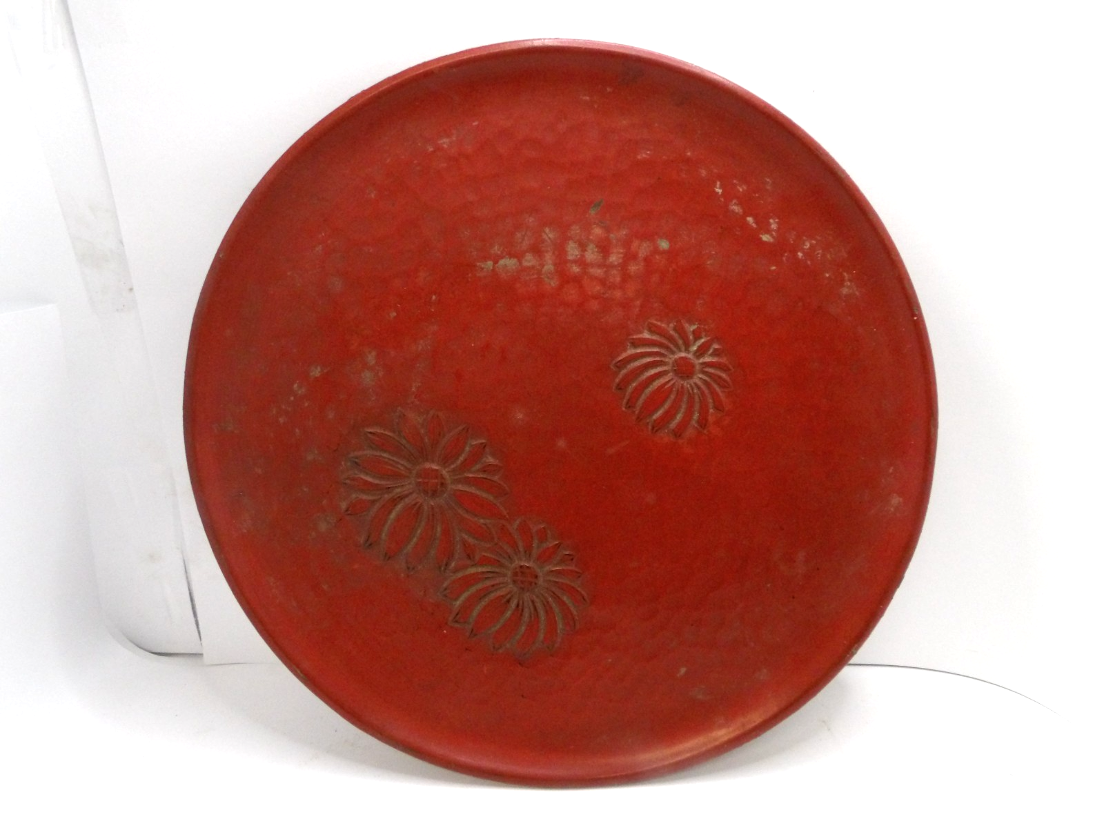 Japanese Red Wood Lacquer 13” Round Plate with Floral Design