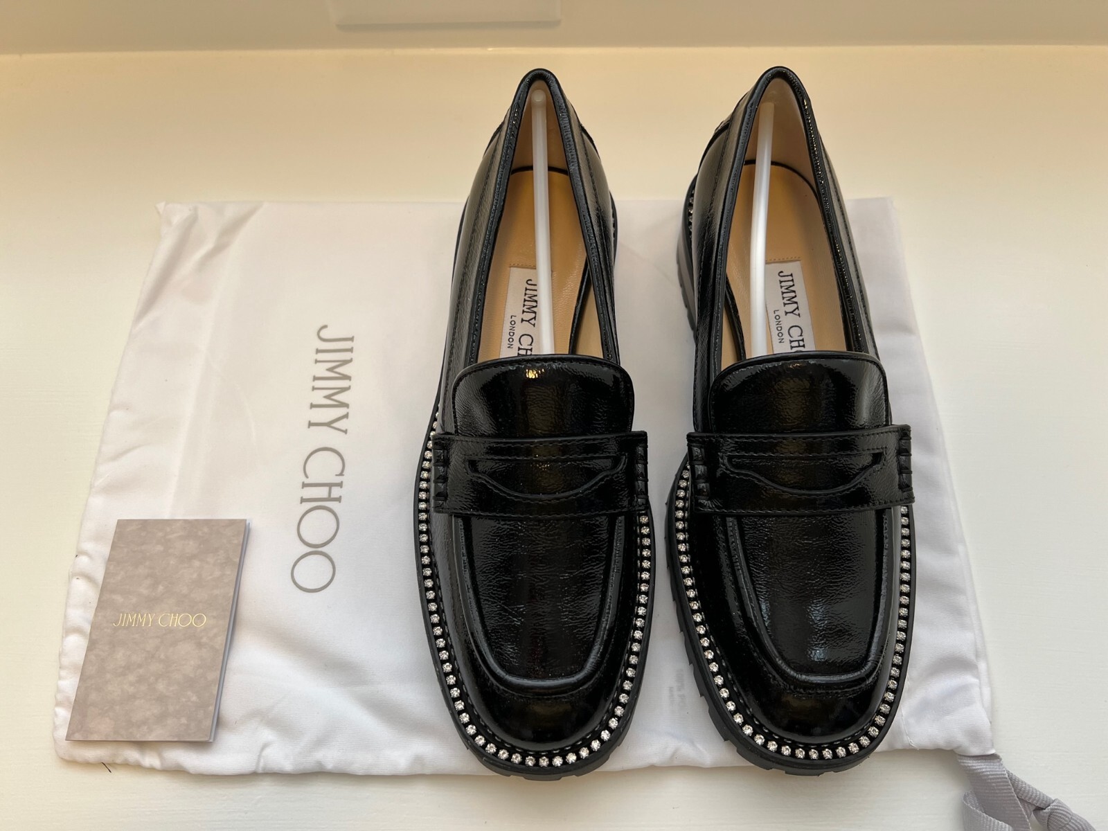 Pre-owned Jimmy Choo Deanna Crystal-embellished Patent Leather Loafers, Size 37 In Black