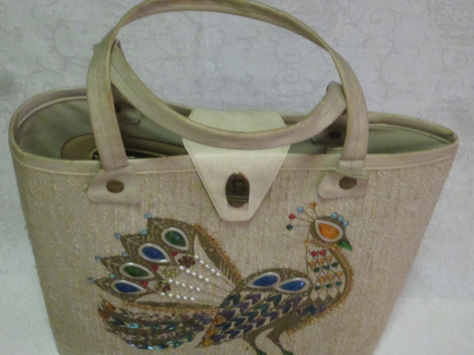 VTG. Knitting Crochet Organizer Peacock Tote Bag w/ 2+ Dozen Various Needles