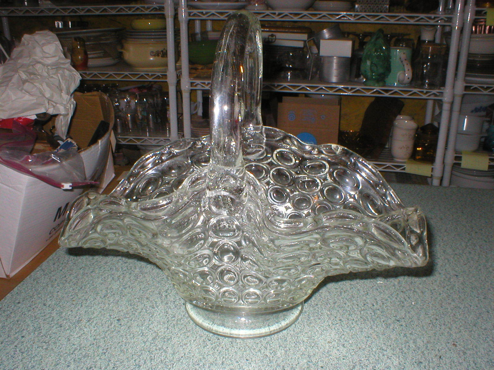 VTG Clear Glass Basket W/Circles Applied Handle Dish Bowl 11
