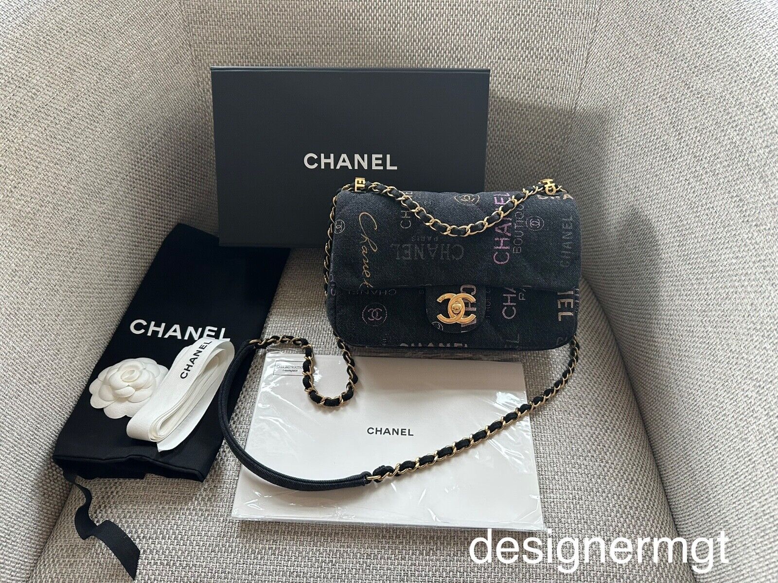 MIB 100%AUTH CHANEL 22P Black Denim Chanel Scripts Mini Flap MIB 100%AUTH CHANEL 22P Black Denim Chanel Scripts Mini Flap