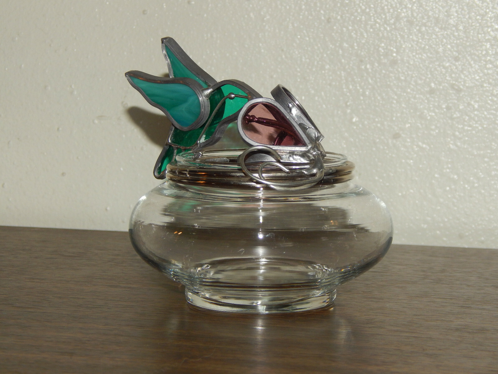 Glass Potpourri Jar With Stained Glass and Pewter Hummingbird And Flower Lid