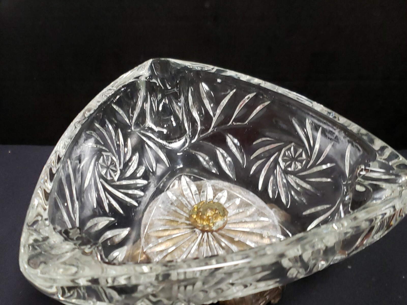 Large Vtg Crystal Ashtray Triangle Cut Glass Brass Metal footed base Tabletop