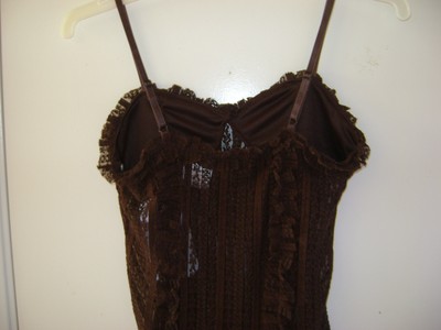 Women's Nylon Spandex Sheer Lace Ruffled Brown Camisole Top w/Lined Cups S NWT