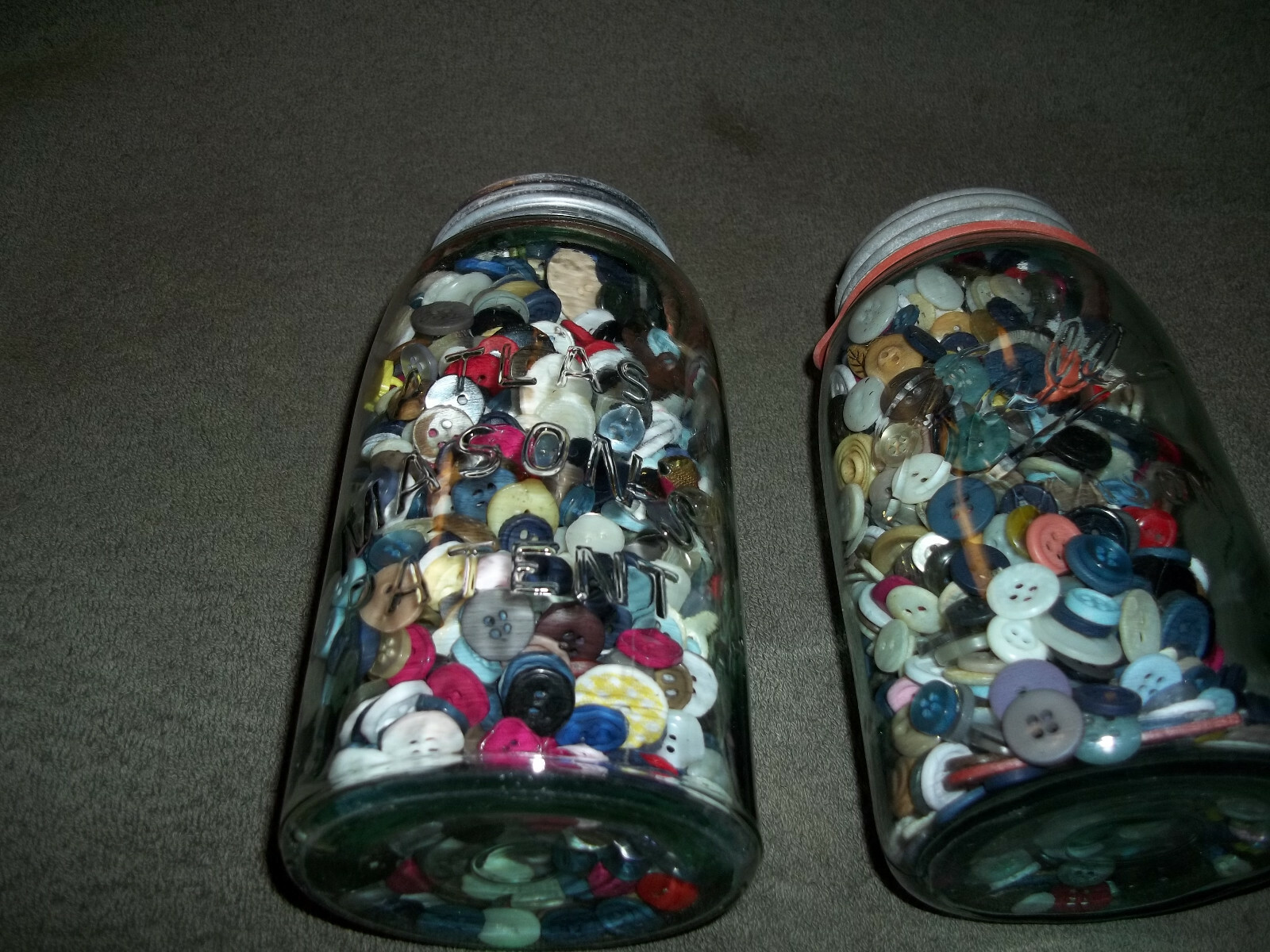 Old Mason GLASS JAR Filled with BUTTONS (Pair)