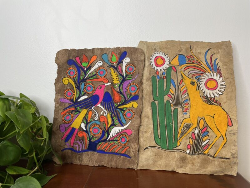 Vtg Lot 2 Authentic Mexican Folk Art Painting Bark Paper Amate Dog Flowers Birds