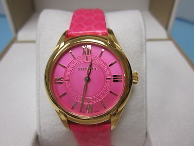 Pre-owned Versace Women's Vff070013 Dafne Rose Gold Ion Plated Fuchsia Leather Wristwatch In Pale Violet Red