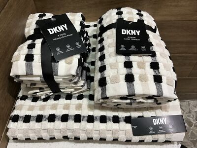 7 Pc DKNY MAYA TILE  Towel Set 1 Bath 2 Hand Towels 4 Washcloths - Linen & Black