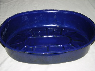 Antique Vintage Deep Blue Enamelware Roasting Turkey Roaster Pan w/ Inverted Lid