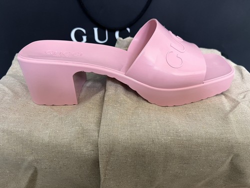 Pre-owned Gucci Women's Block Heel Platform Logo Slide Sandals Pink Rubber Slip On 39