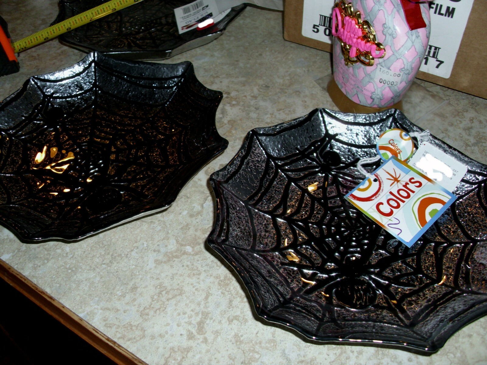 $60 3 Black Goth GLASS Spiders Colorful Spiderweb Plates Dishes Hand Decorated