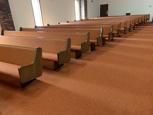 28 SOLID OAK WOOD CHURCH PEWS WITH PADS - 15FT 2” LONG EACH - OBO