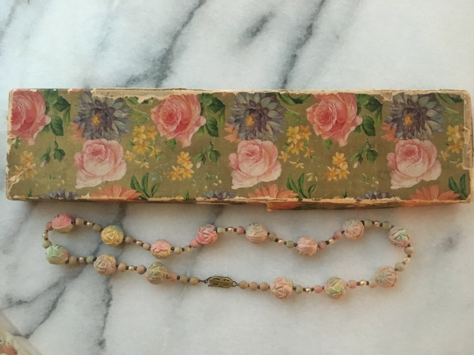 Vintage Antique California Beads Necklace w Box Pastel Rose Colors Handmade WOW!