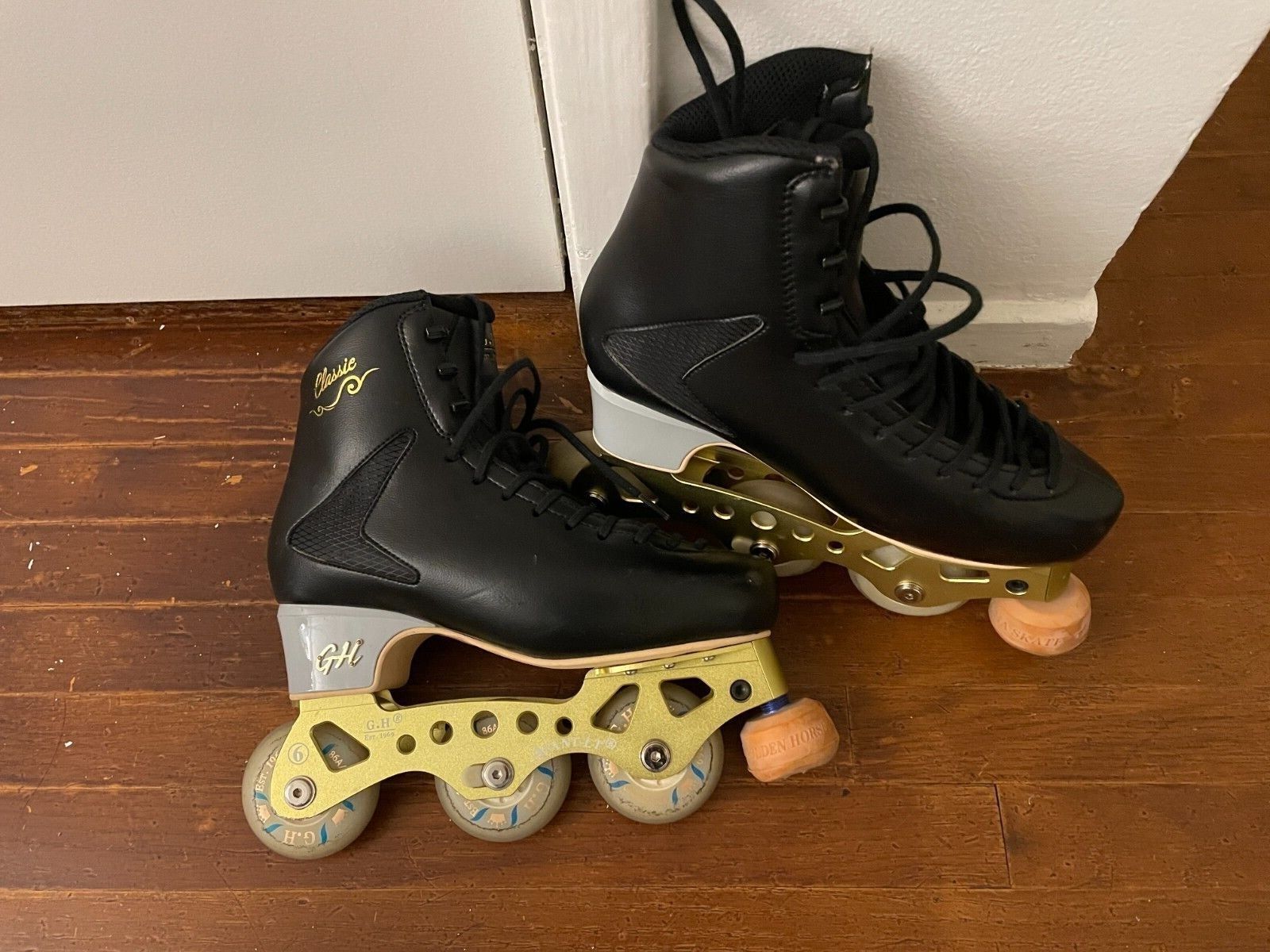 GH Skates Black Inline Figure Skates US SIZE 8, 3 Wheels GH Skates Black Inline Figure Skates US SIZE 8, 3 Wheels
