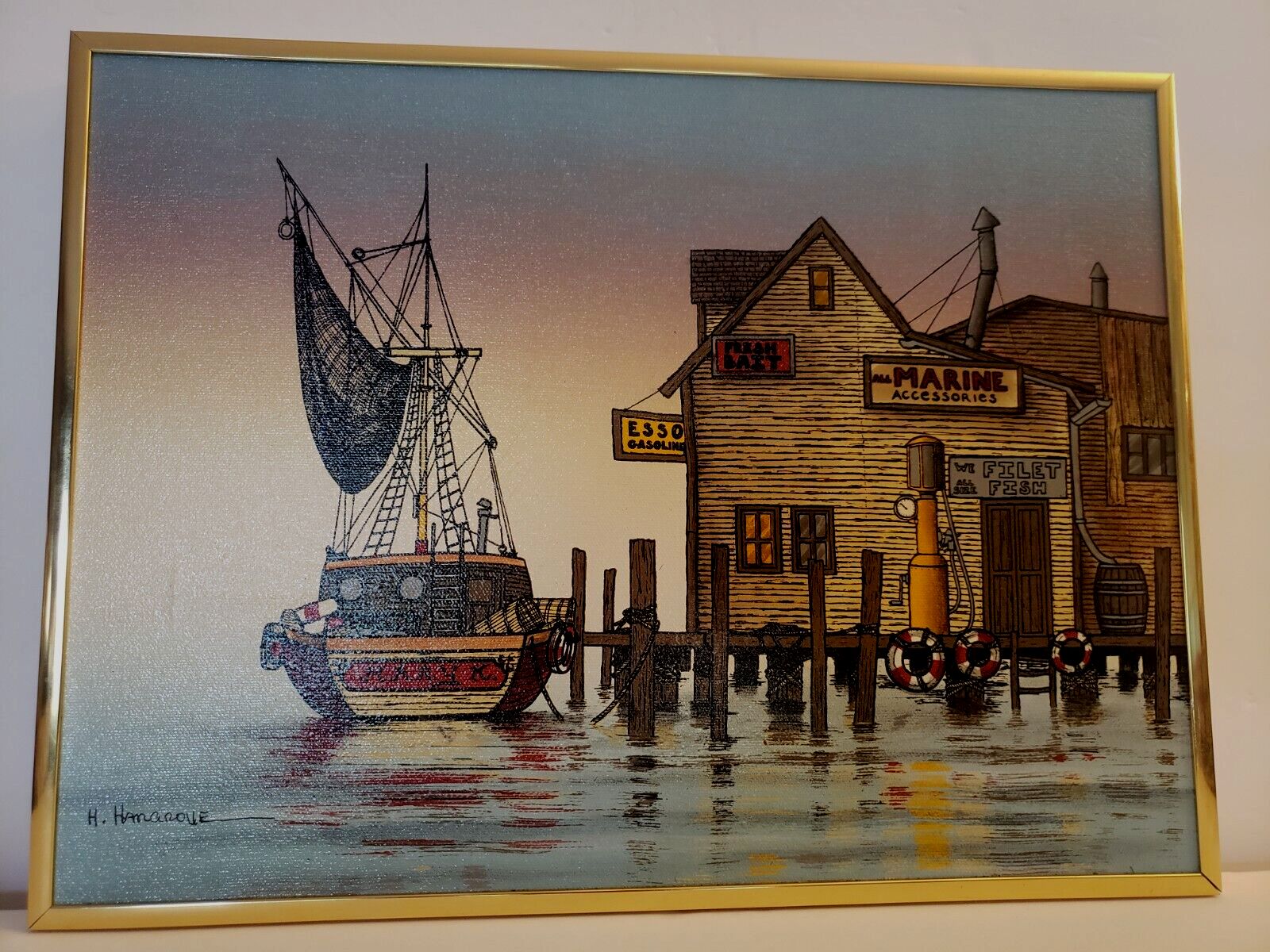 signed H Hargrove Framed Serigraph Painting FISHING BOATS