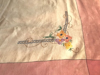 Vintage Homespun Linen Tablecloth Embroidered White Pink Stripe Fabric 50x50