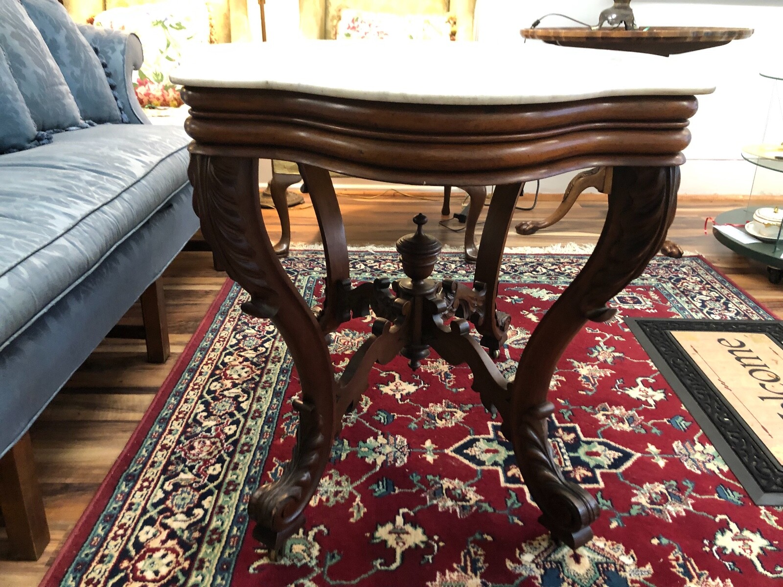 Exquisite 1890s Turtle Marble-Top Walnut Table